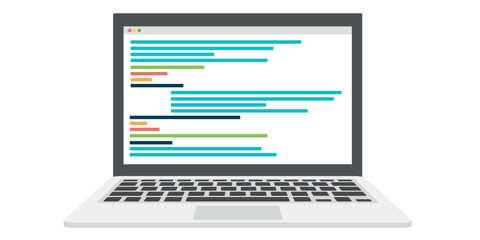 Laptop screen displaying color-coded programming code. Flat style illustration isolated on white background.