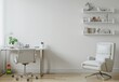 © PERFECTisME - Minimalist home office with a white desk. chair. and armchair in a corner. wooden floor and shelves with decor. and a large blank wall for mockup