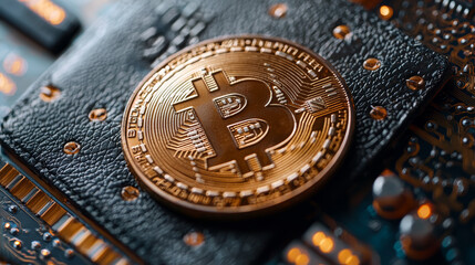 Wall Mural - digital wallet showcasing bitcoin on circuit board background, symbolizing modern finance and crypto