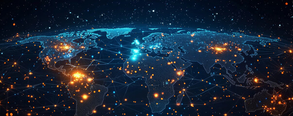 Wall Mural - digital world map showcasing interconnected networks and glowing nodes, representing global connecti