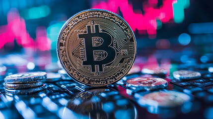 Wall Mural - bitcoin cryptocurrency coin on digital background with altcoins, representing secure online transact