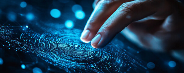 Wall Mural - hand touching digital interface with glowing blue data patterns, symbolizing technology and innovati