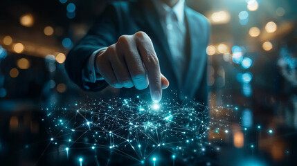 Wall Mural - businessman interacting with digital network technology, showcasing innovation and connectivity in m
