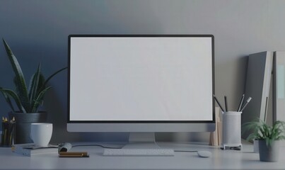Modern minimalist workspace with a desktop computer, keyboard, mouse, and a blank screen