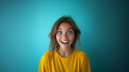 Wall Mural - woman excited facial expression, solid color background