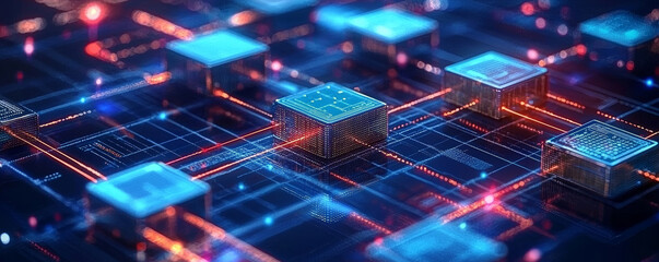 Wall Mural - blockchain technology with glowing nodes and connections, representing digital innovation and decent