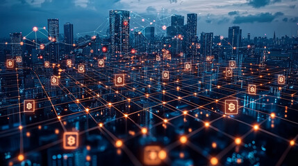 Wall Mural - futuristic city skyline with blockchain technology visualized through interconnected nodes and finan