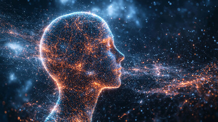 Wall Mural - digital representation of human head made of glowing particles, symbolizing technology and innovatio