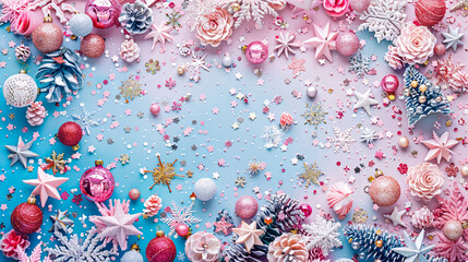 Wall Mural - festive collection: top view vertical photo featuring various tree adornments, baubles, shimmering s