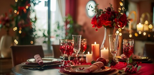 Wall Mural - A festive table setting in a dining room, beautifully decorated for Valentine's Day with heart-shaped accents and romantic touches.