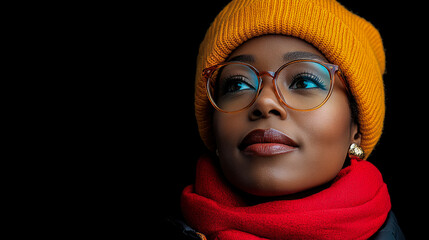 Wall Mural - A woman wearing a yellow beanie and a vibrant red scarf looks up thoughtfully with a serene expression, surrounded by a dark backdrop