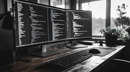 A modern workspace with three computer monitors displaying code, a keyboard, and a mouse. The monitors are set up on a wooden desk.