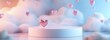 © Mr image - A white podium with a reflective, polished surface, surrounded by soft pastel clouds and floating hearts, offering space for displaying a Valentine is gift.