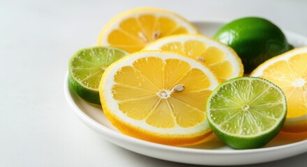Wall Mural - Fresh citrus fruits slices on white plate