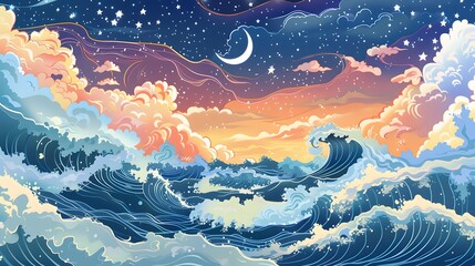 ocean waves under a starry night sky with a crescent moon. dreamlike and ethereal scene with vibrant