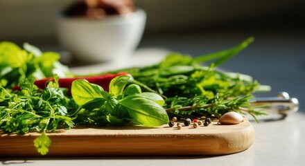 Fresh herbs on wooden cutting board in kitchen setting