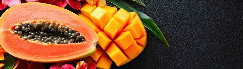 Wall Mural - A vibrant arrangement of tropical fruits, featuring papaya and mango, surrounded by colorful flowers against a dark background.