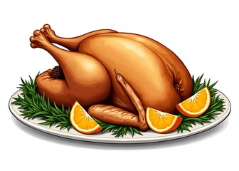 Wall Mural - A beautifully illustrated traditional roasted turkey dish garnished with orange slices and herbs is set against a clean white background.