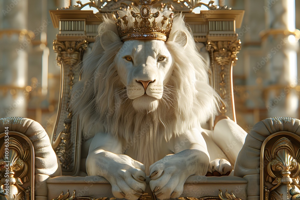 Majestic white lion king on a golden throne. Stock Photo | Adobe Stock
