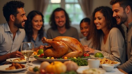 Wall Mural - A multiracial family gathers around a table set with traditional Thanksgiving food, including a roasted turkey in their home.