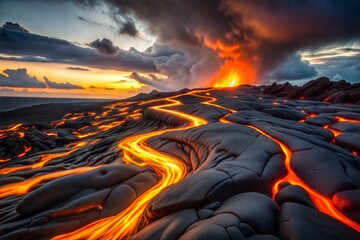 Wall Mural - Volcanic eruption with sunset lava flow and fiery texture