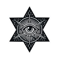 black and white mystical design featuring an all-seeing eye within a star, surrounded by radiating l