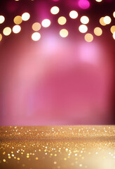 Wall Mural - blurred pink background with empty table and golden bokeh lights
