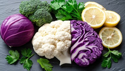 Wall Mural - Colorful vegetables including broccoli, cauliflower, and cabbages arranged with parsley and lemon slices, showcasing fresh produce in a vibrant display.