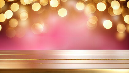 Wall Mural - blurred pink background with empty table and golden bokeh lights