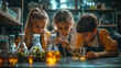 © Natalya - Children in lab of school, kids students in classroom during chemistry lesson. Theme of science, class, education, experiment, test tubes