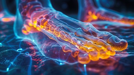 Wall Mural - a digitally rendered foot with orange color, blue blood vessels, and interconnecting lines creates a