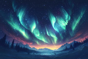 Wall Mural - Beautiful auroras accompanied a huge and beautiful starry sky. A starry sky conceals nothing. The picture should have layers, a sense of depth, a sense of detail, high-definition.