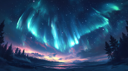 Wall Mural - Beautiful auroras accompanied a huge and beautiful starry sky. A starry sky conceals nothing. The picture should have layers, a sense of depth, a sense of detail, high-definition.