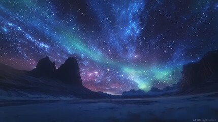 Wall Mural - Beautiful auroras accompanied a huge and beautiful starry sky. A starry sky conceals nothing. The picture should have layers, a sense of depth, a sense of detail, high-definition.