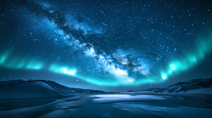 Wall Mural - Beautiful auroras accompanied a huge and beautiful starry sky. A starry sky conceals nothing. The picture should have layers, a sense of depth, a sense of detail, high-definition.