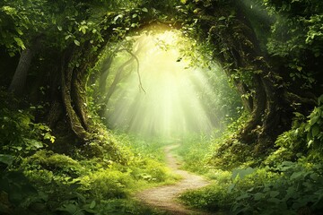 Wall Mural - sunlit path through enchanted forest arch.