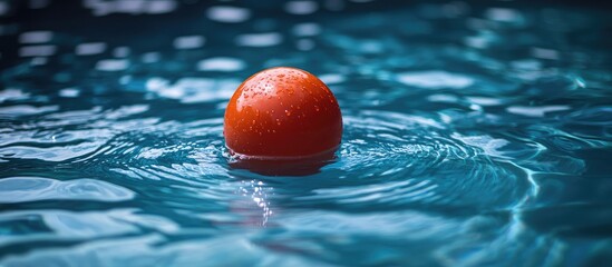 Red ball floating on water surface in a serene blue garden pool creating ripples and reflections in a tranquil summer setting.