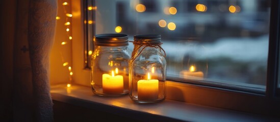 Wall Mural - candle lanterns glowing in jars on a windowsill surrounded by warm fairy lights creating a cozy and 