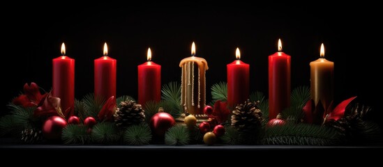 Wall Mural - christmas candle arrangement with festive decorations highlighting warm glow on dark background