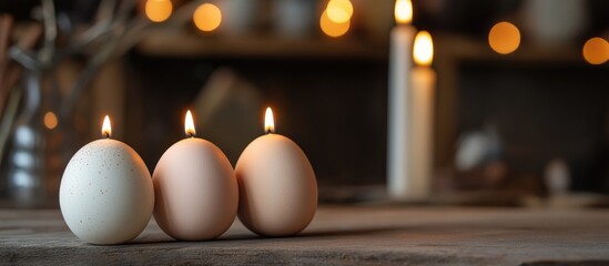Wall Mural - candles shaped like eggs glowing softly on a rustic wooden table with warm bokeh lights in the backg