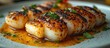 © DigitalDruid - Grilled squid garnished with spices served on a white plate with flavorful sauce dripping on a wooden table setting.