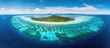 © Cyber Shutter - Aerial view of the Great Barrier Reef showcasing vibrant turquoise waters, coral formations, and lush island landscapes under bright sunshine.