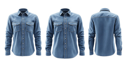 Fototapete - A denim shirt featuring a classic collar, long sleeves, and two chest pockets, displayed from multiple angles.
