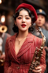 Stylish woman in red vintage outfit holds saxophone.