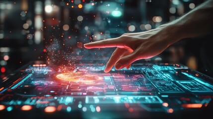 Hand interacts with digital touch interface.
