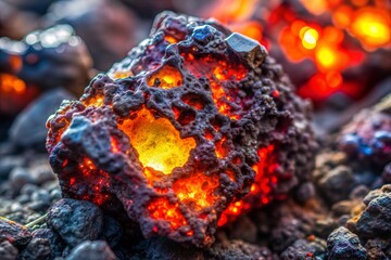 Wall Mural - Glowing lava rock close-up with vibrant fiery lava texture