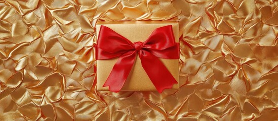 Wall Mural - Elegant gold gift box adorned with a vibrant red bow sits on a luxurious satin background creating a festive and celebratory mood.