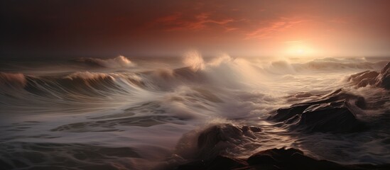 Poster - Dramatic seascape with long exposure capturing the movement of waves against rocky shoreline during sunset light