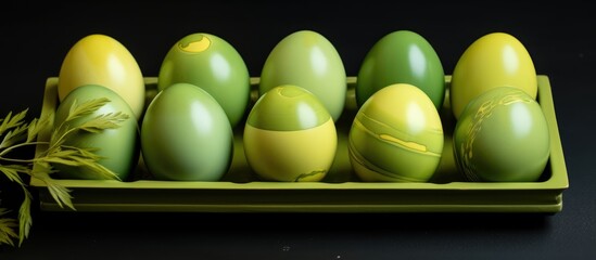 Wall Mural - Colorful Easter eggs arranged in a green tray featuring shades of yellow and green perfect for spring celebrations and festive decor