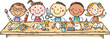 © katerina_dav - Happy cartoon kids crafting together at the table, children creative activities, kids cooperation, children hobby, doodle characters. Colorful vector illustration